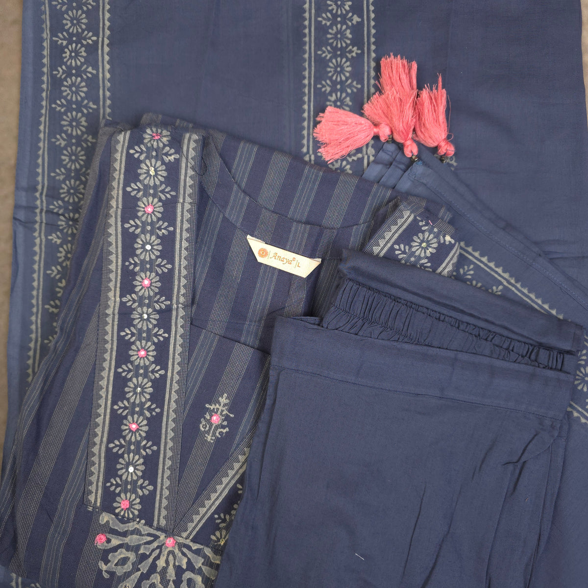 Kurti - 3 Piece Kurti Set - Muted Indigo