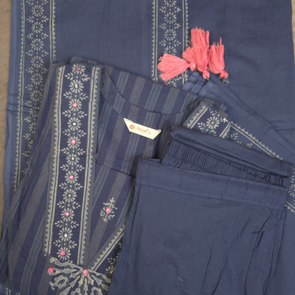 Kurti - 3 Piece Kurti Set - Muted Indigo