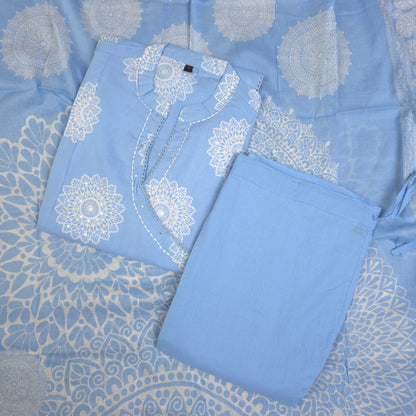 Kurti - 3 Piece Kurti Set - Powder Blue Collar-neck