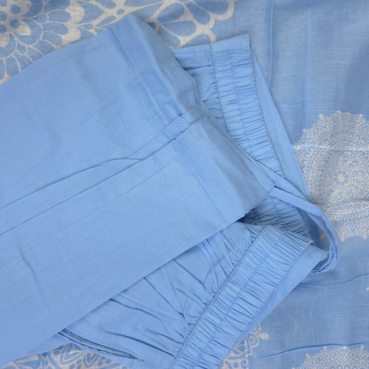 Kurti - 3 Piece Kurti Set - Powder Blue Collar-neck