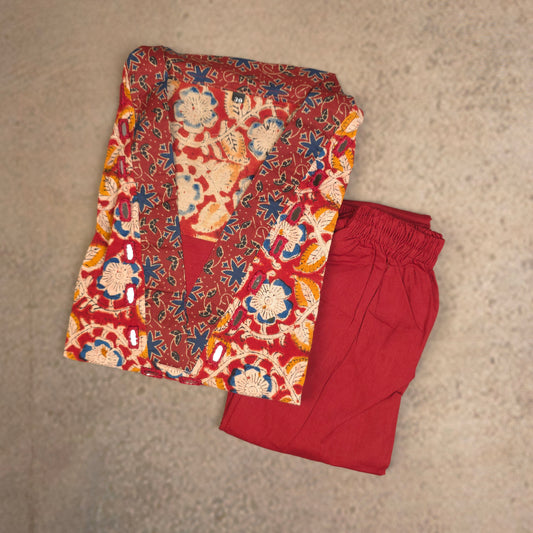 Kurti - 2 Piece Kurti Set - Red Kalamkari Print
