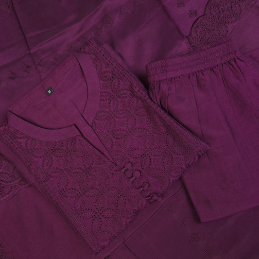 Kurti - 3 Piece Kurti Set - Plum/Mulberry