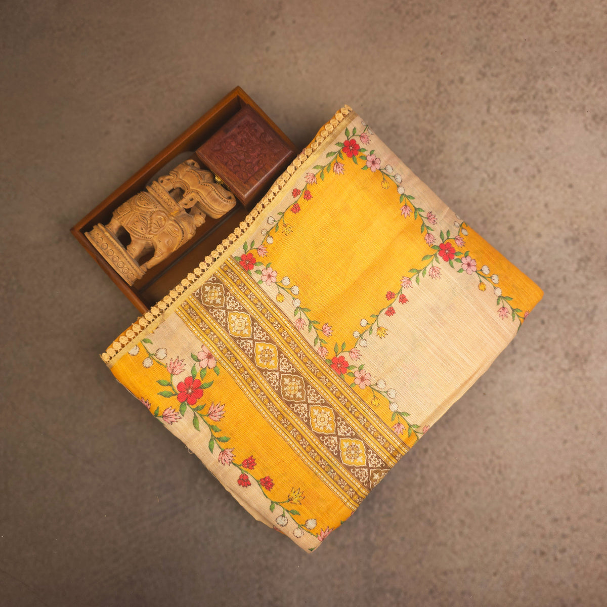 Saree - Linen Tissue - Mustard Yellow & Beige Floral Check