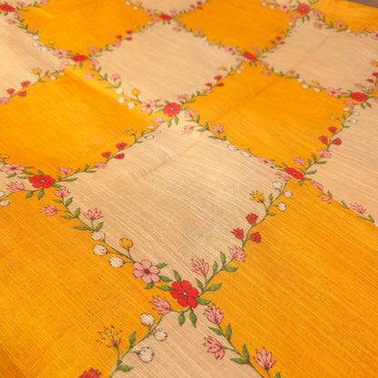 Saree - Linen Tissue - Mustard Yellow & Beige Floral Check