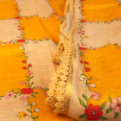 Saree - Linen Tissue - Mustard Yellow & Beige Floral Check
