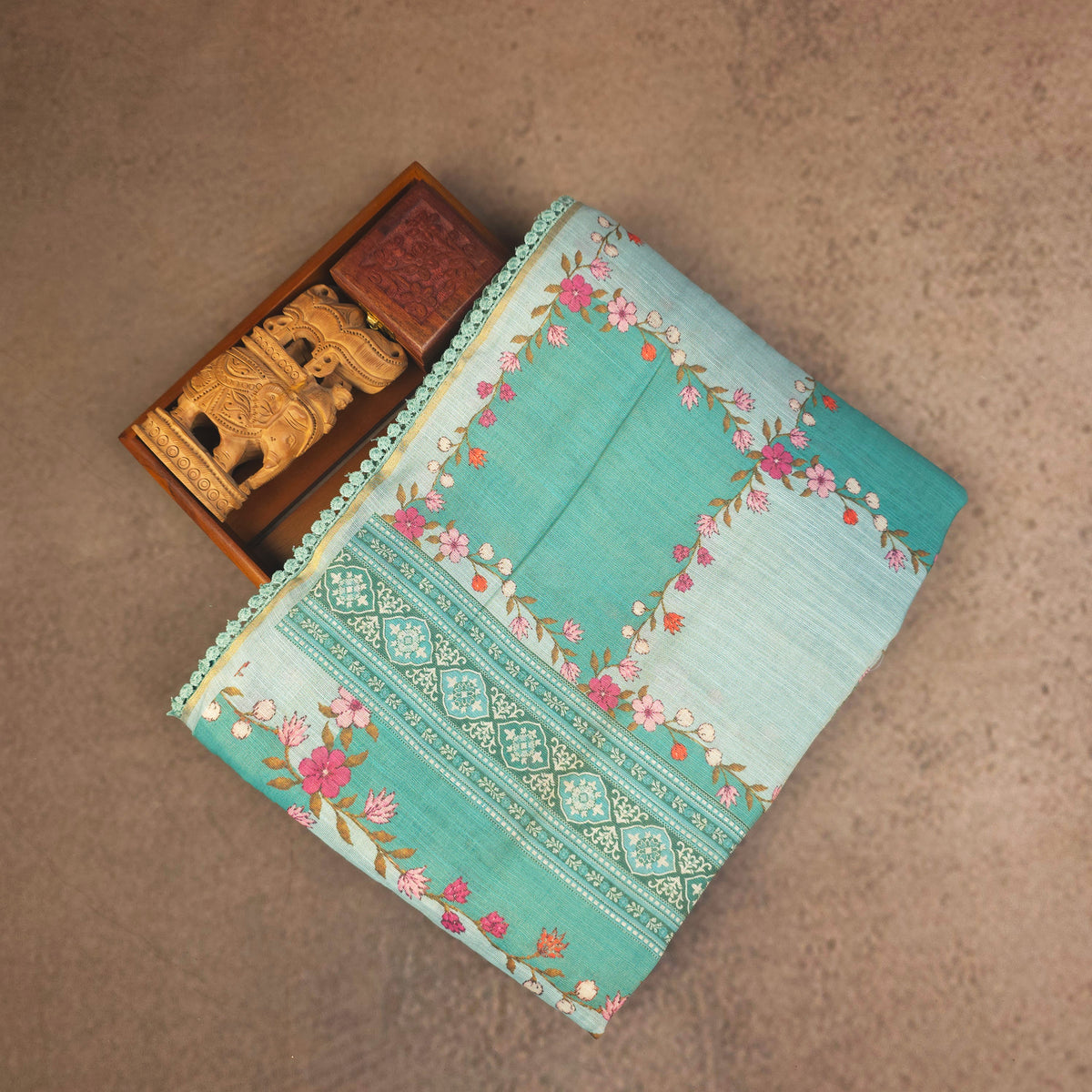 Saree - Linen Tissue - Aqua Blue