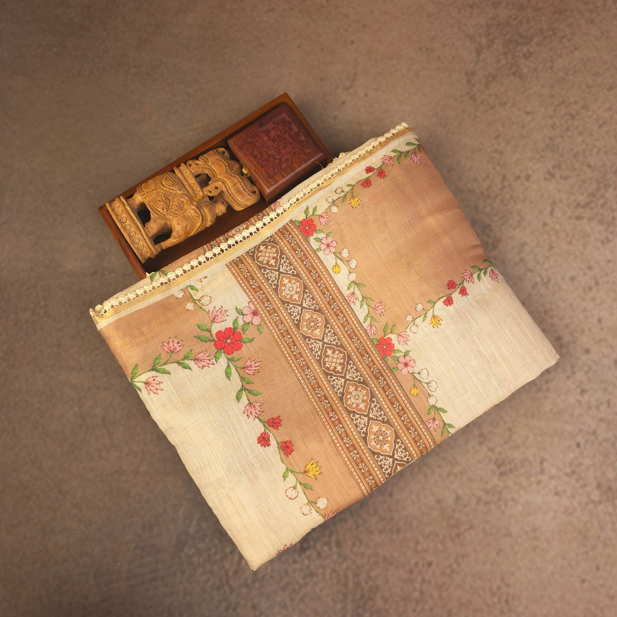 Saree - Linen Tissue - Beige & Peach