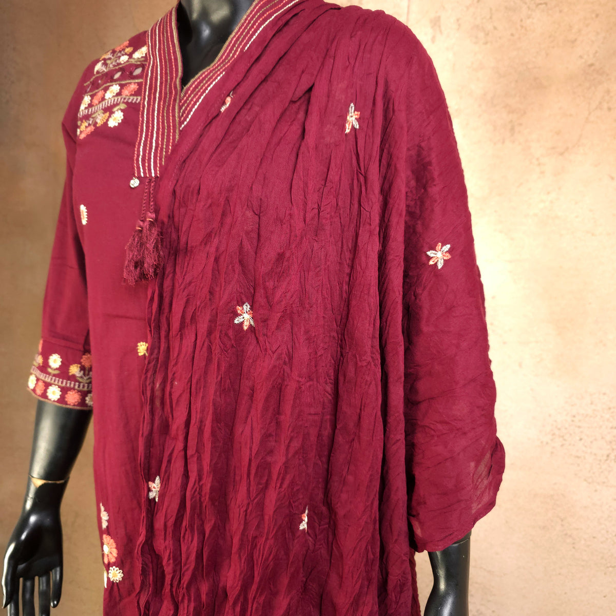 Kurti - 3 Piece Kurti Set - Wine Maroon Embroidered