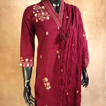 Kurti - 3 Piece Kurti Set - Wine Maroon Embroidered