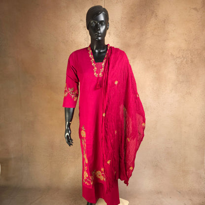Kurti - 3 Piece Kurti Set - Rani Pink Embroidered