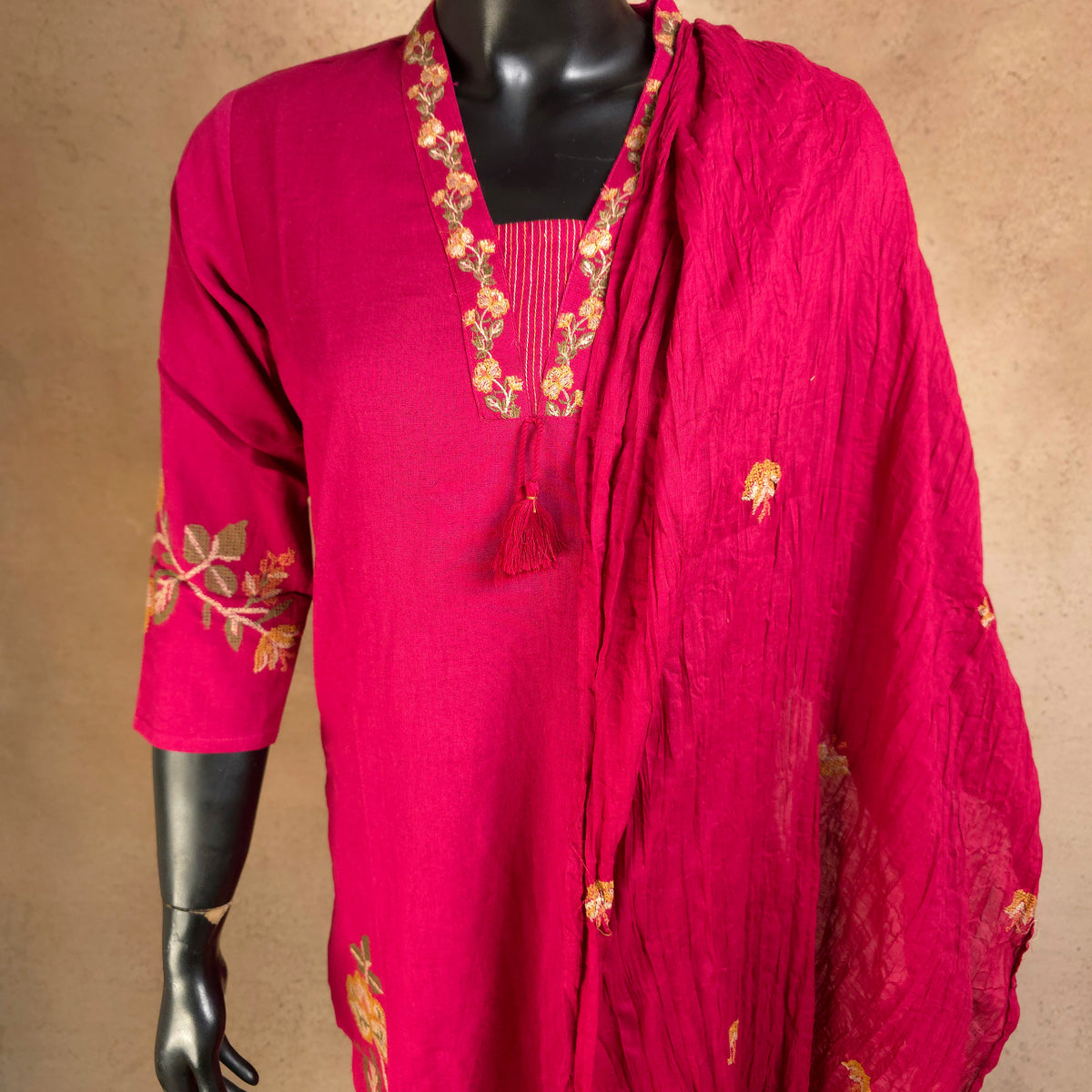 Kurti - 3 Piece Kurti Set - Rani Pink Embroidered