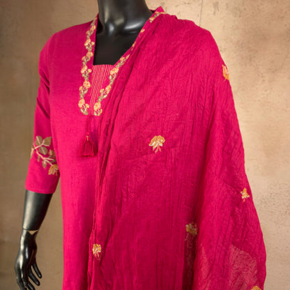 Kurti - 3 Piece Kurti Set - Rani Pink Embroidered