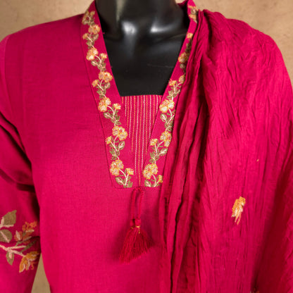 Kurti - 3 Piece Kurti Set - Rani Pink Embroidered