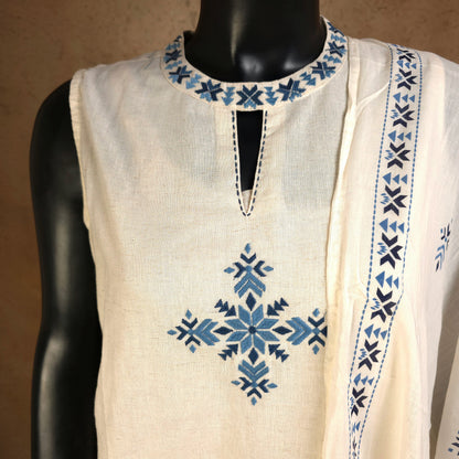 Kurti - 3 Piece Kurti Set - Off-White & Blue Embroidered