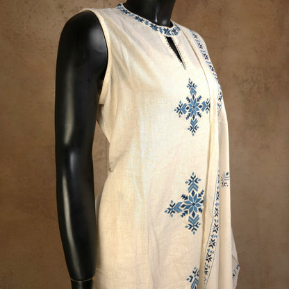 Kurti - 3 Piece Kurti Set - Off-White & Blue Embroidered