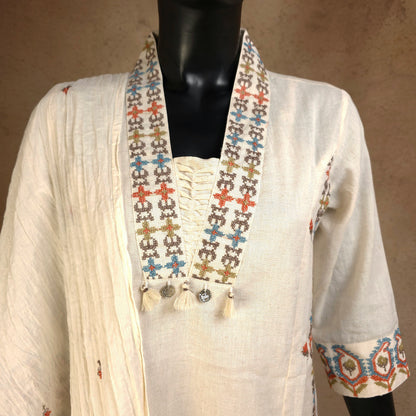 Kurti - 3 Piece Kurti Set - Off-white multicolour embroidery