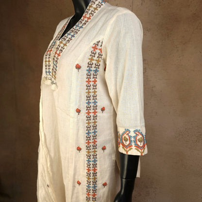 Kurti - 3 Piece Kurti Set - Off-white multicolour embroidery