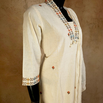 Kurti - 3 Piece Kurti Set - Off-white multicolour embroidery