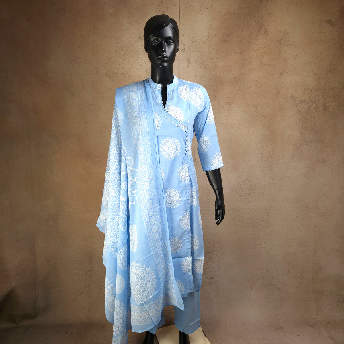 Kurti - 3 Piece Kurti Set - Powder Blue Collar-neck