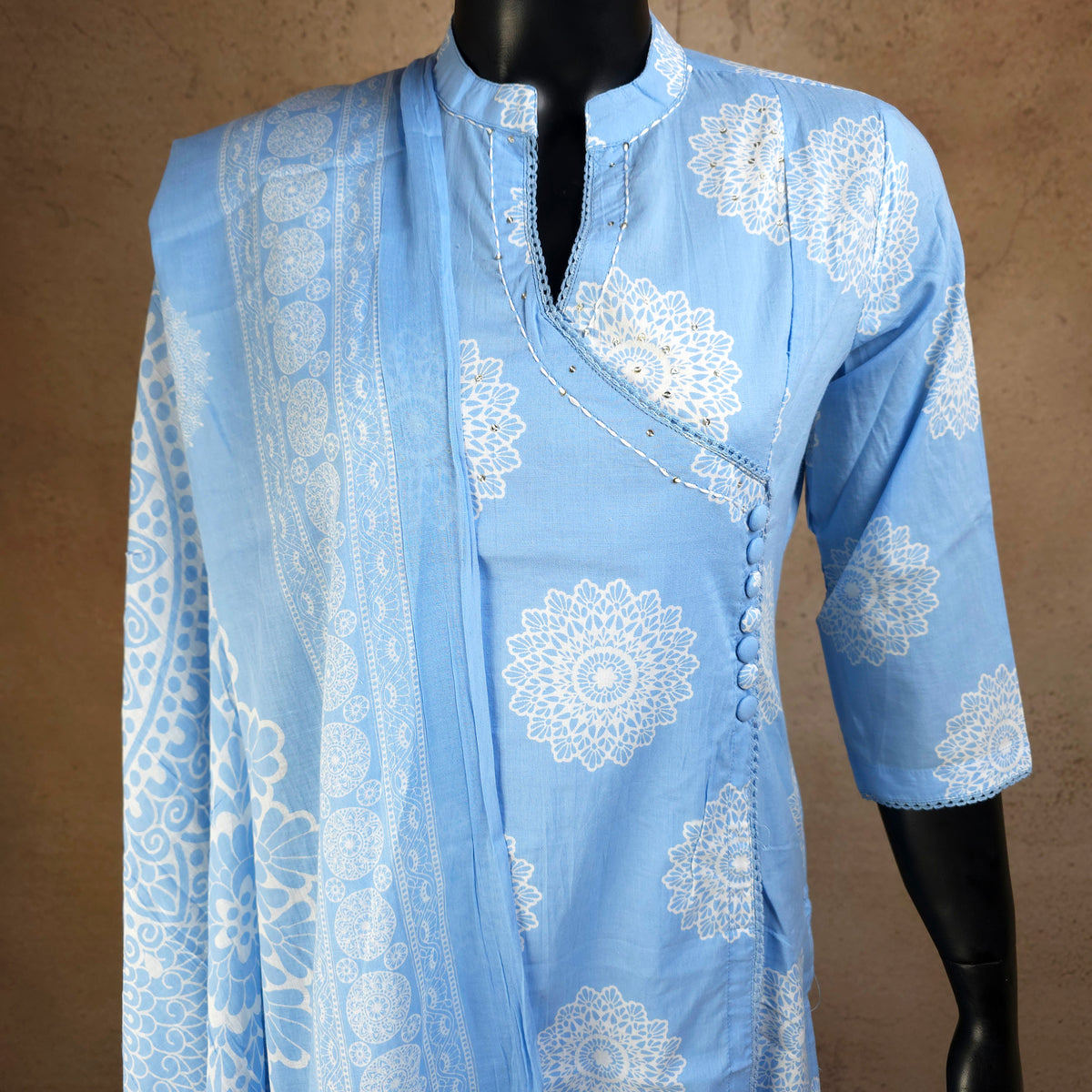 Kurti - 3 Piece Kurti Set - Powder Blue Collar-neck