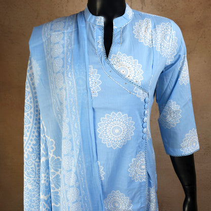 Kurti - 3 Piece Kurti Set - Powder Blue Collar-neck