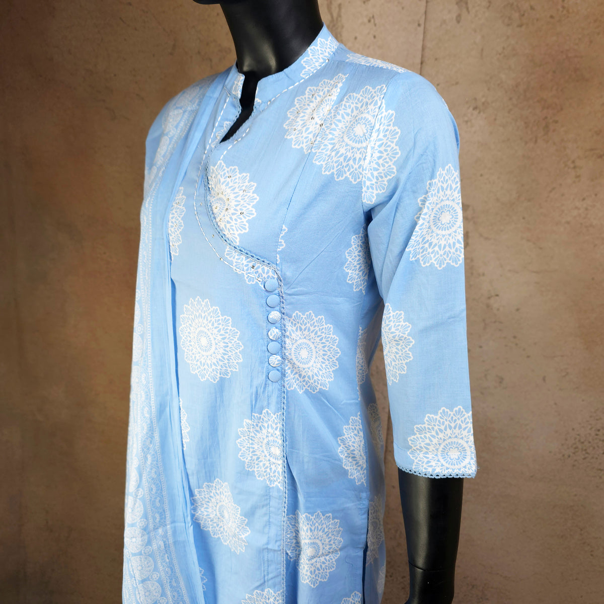 Kurti - 3 Piece Kurti Set - Powder Blue Collar-neck