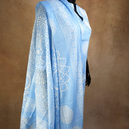 Kurti - 3 Piece Kurti Set - Powder Blue Collar-neck