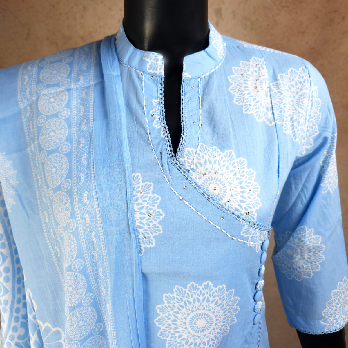 Kurti - 3 Piece Kurti Set - Powder Blue Collar-neck
