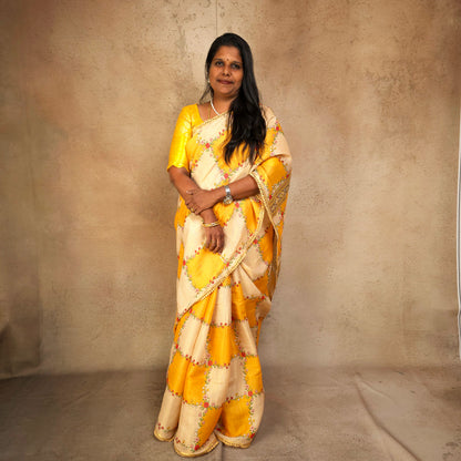 Saree - Linen Tissue - Mustard Yellow & Beige Floral Check