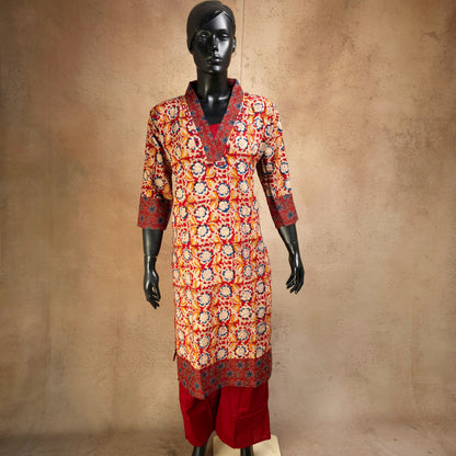 Kurti - 2 Piece Kurti Set - Red Kalamkari Print