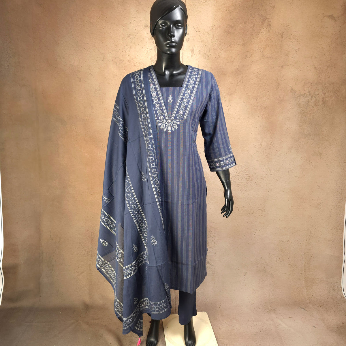 Kurti - 3 Piece Kurti Set - Muted Indigo