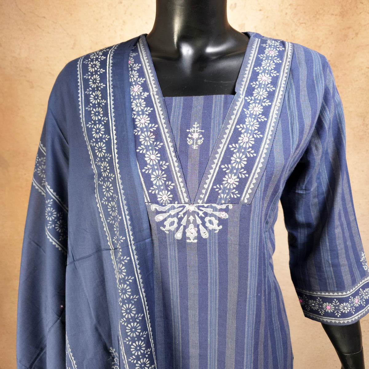 Kurti - 3 Piece Kurti Set - Muted Indigo