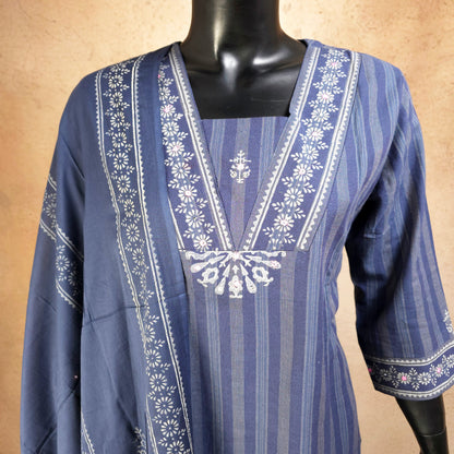 Kurti - 3 Piece Kurti Set - Muted Indigo