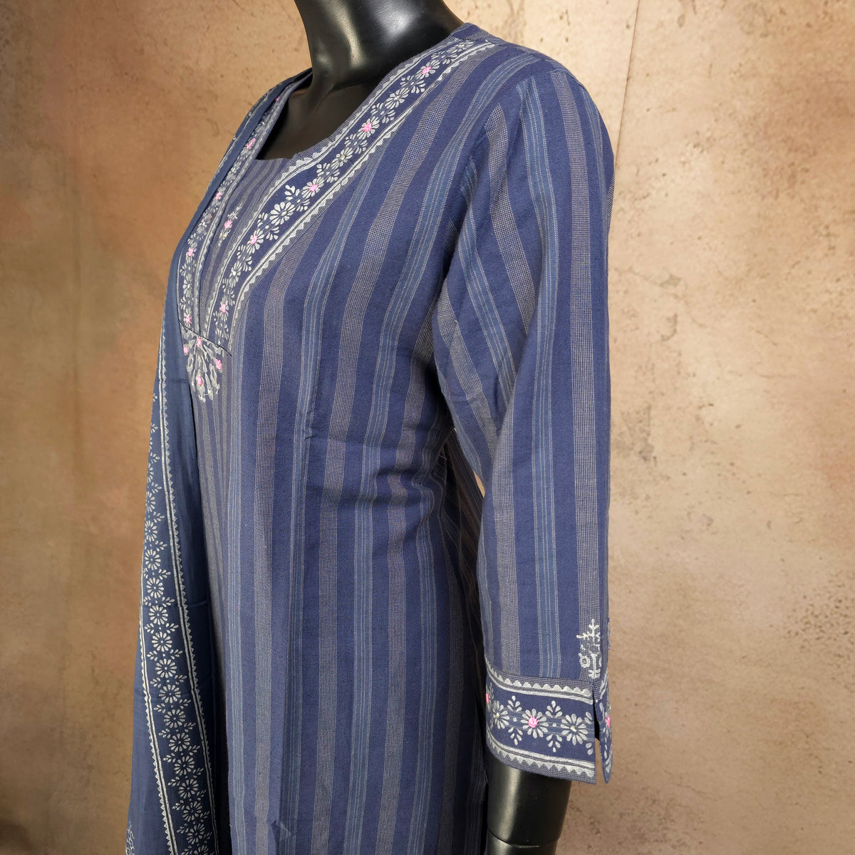Kurti - 3 Piece Kurti Set - Muted Indigo