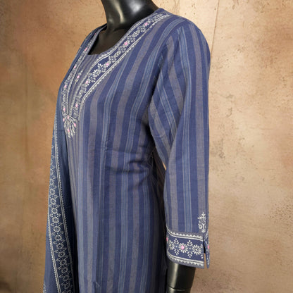 Kurti - 3 Piece Kurti Set - Muted Indigo