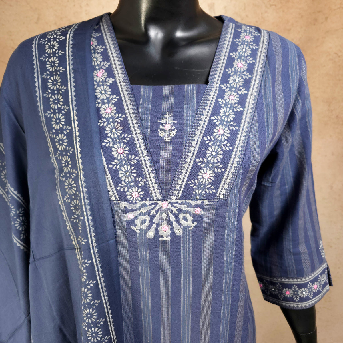 Kurti - 3 Piece Kurti Set - Muted Indigo