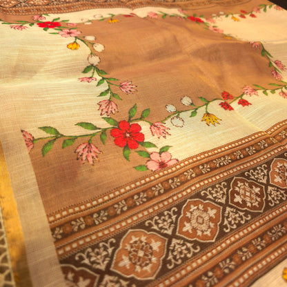 Saree - Linen Tissue - Beige & Peach