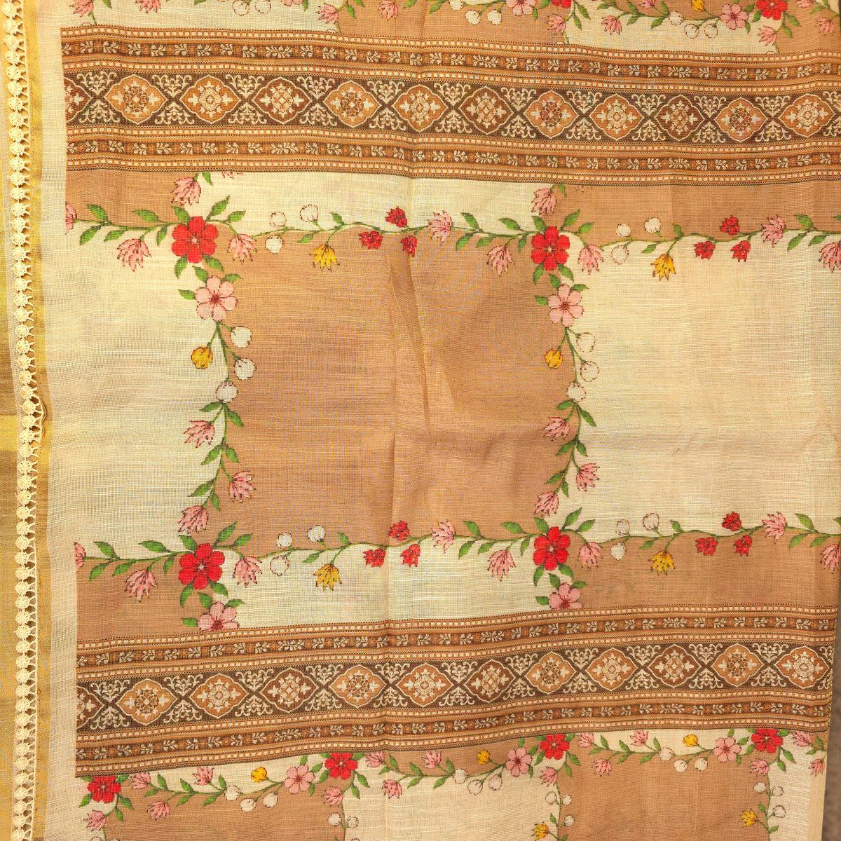 Saree - Linen Tissue - Beige & Peach