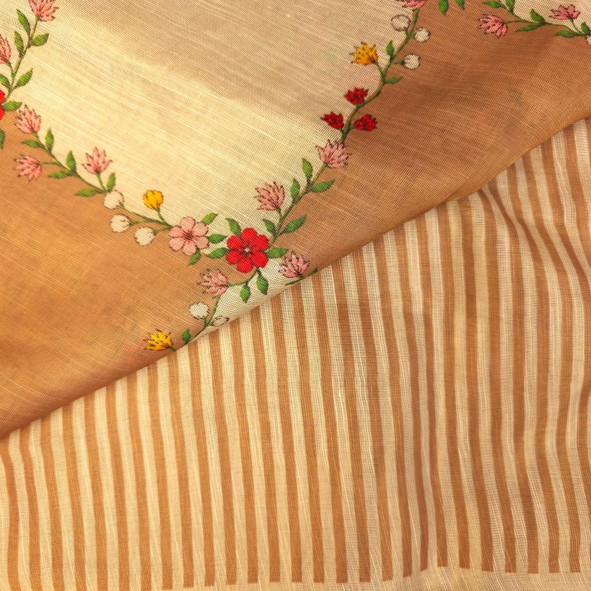 Saree - Linen Tissue - Beige & Peach