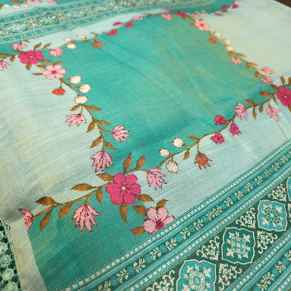 Saree - Linen Tissue - Aqua Blue