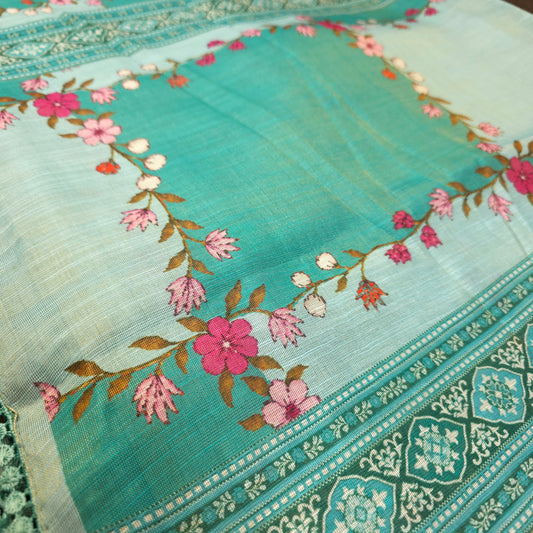Saree - Linen Tissue - Aqua Blue