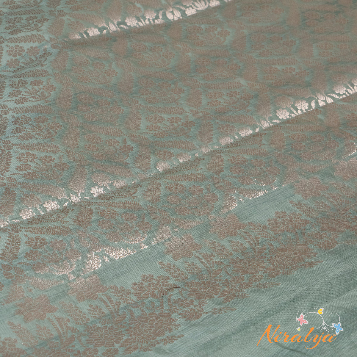 Silk-type Saree - Powder Blue with Silver Jari Border