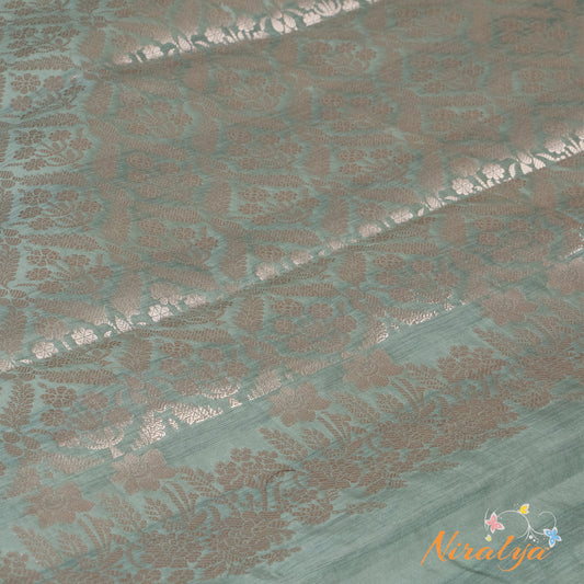 Silk-type Saree - Powder Blue with Silver Jari Border
