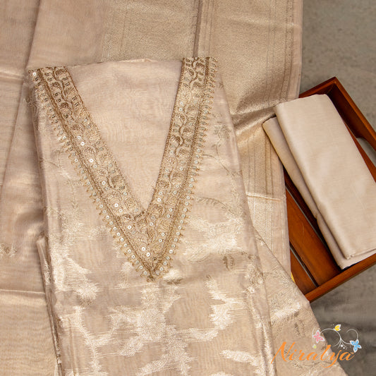 Salwar Material - Champagne Beige Woven Zari Floral