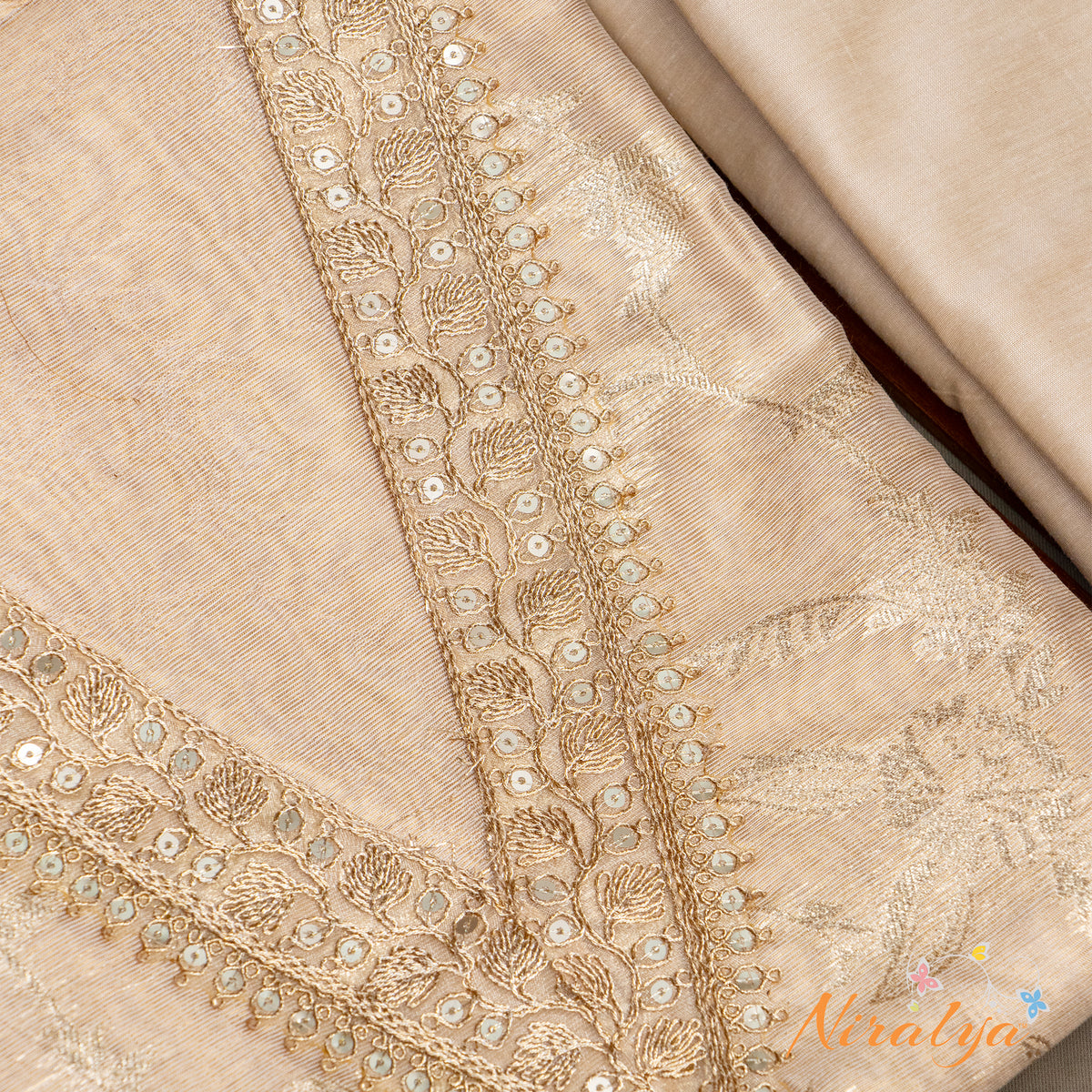 Salwar Material - Champagne Beige Woven Zari Floral