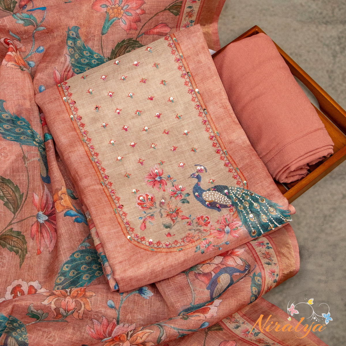 Salwar Material - Peach Peacock Print