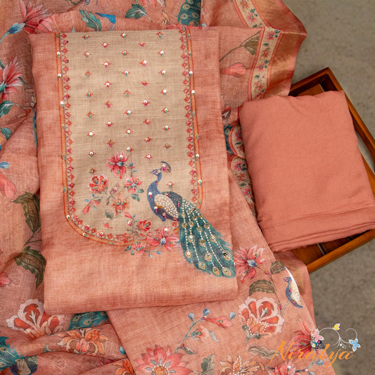 Salwar Material - Peach Peacock Print