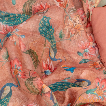 Salwar Material - Peach Peacock Print