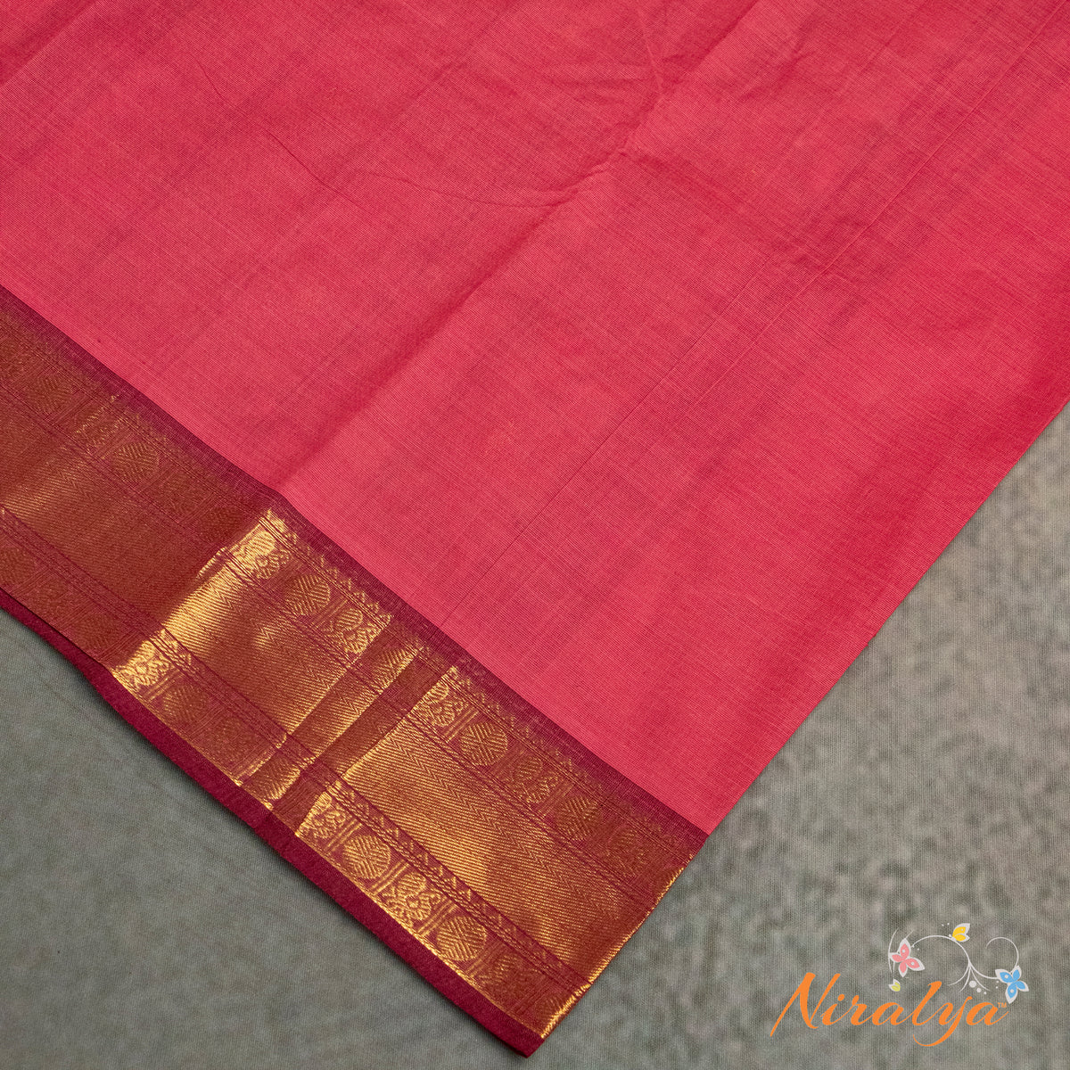 Chettinad Cotton Saree - Rose Pink with Antique Gold Jari Border