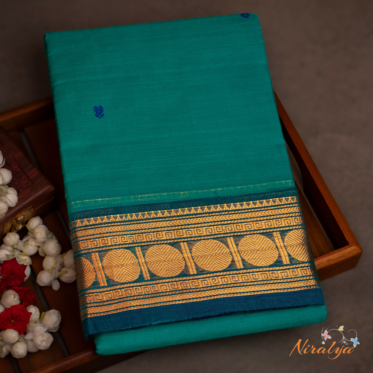 Chettinad Cotton Saree - Teal Green with Antique Gold Jari Border